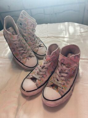 2 pairs Converse Pink High-Top Sneakers with Rainbow Print sizes 2 & 3